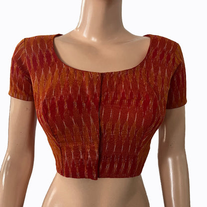 Ikat Cotton Round neck Blouse with Short Sleeves,  Rust,  BI1163