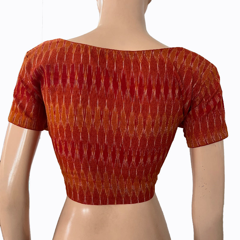 Ikat Cotton Round neck Blouse with Short Sleeves,  Rust,  BI1163