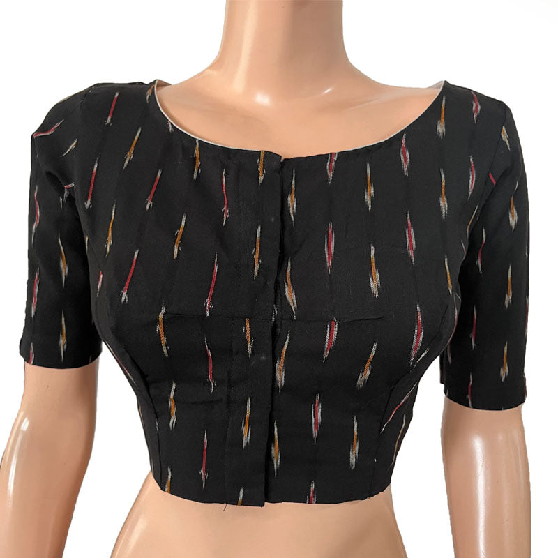 Ikat Cotton Boat neck Blouse, Black, BI1166