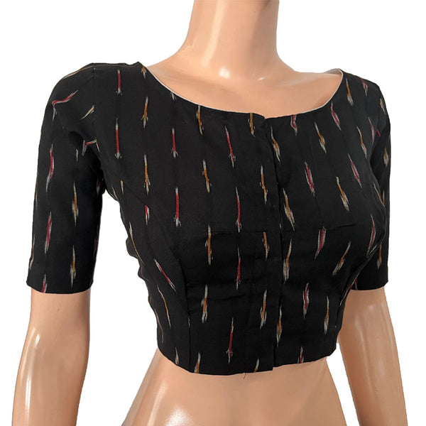 Ikat Cotton Boat neck Blouse, Black, BI1166
