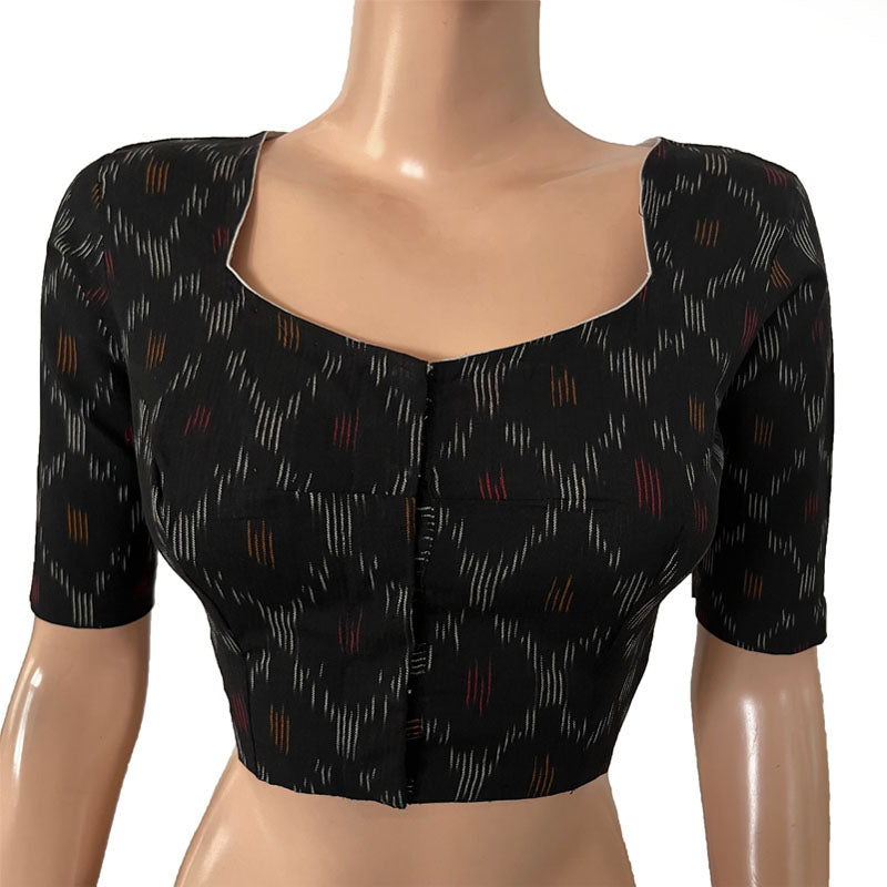 Ikat Cotton Pot neck Blouse, Black, BI1167