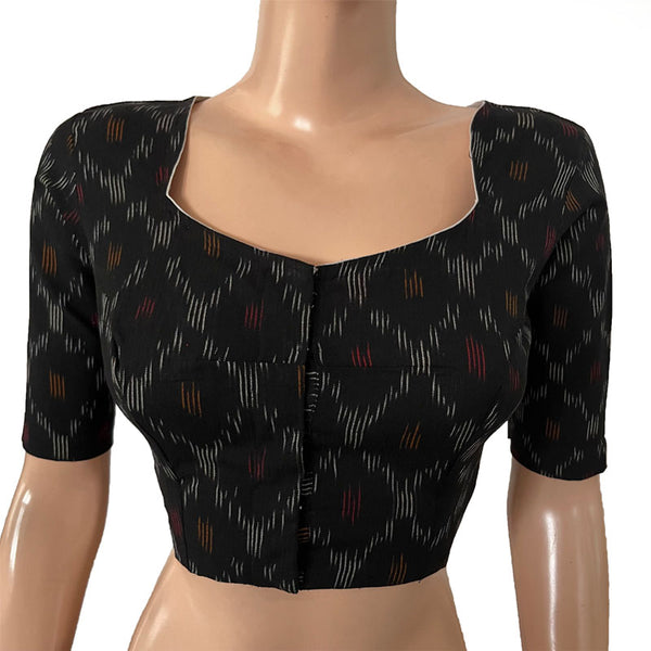 Ikat Cotton Pot neck Blouse, Black, BI1167