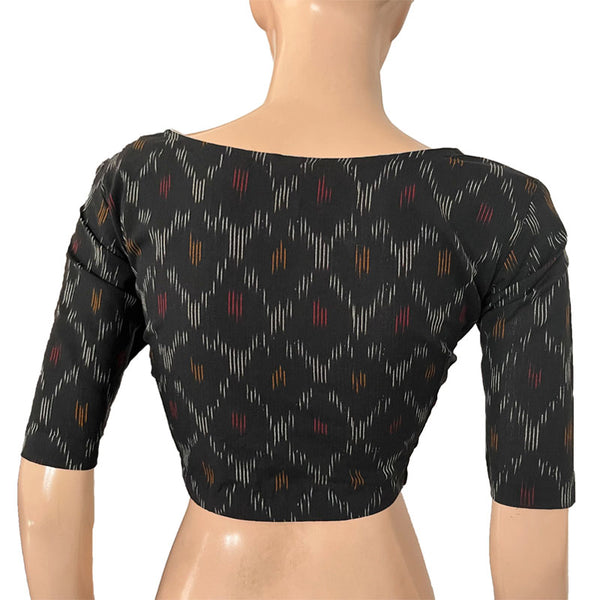 Ikat Cotton Pot neck Blouse, Black, BI1167