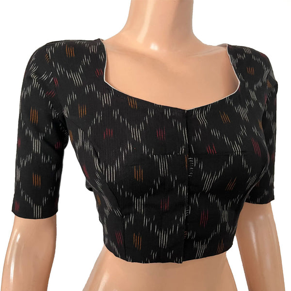 Ikat Cotton Pot neck Blouse, Black, BI1167