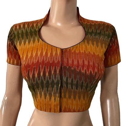 Ikat Cotton High neck Blouse with Short Sleeves, Multicolor, BI1171