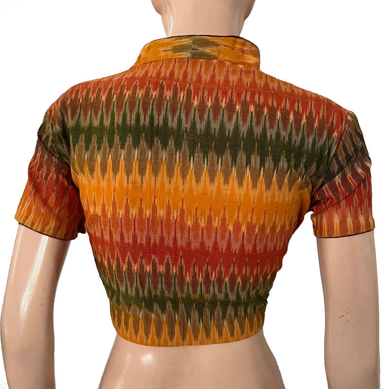 Ikat Cotton High neck Blouse with Short Sleeves, Multicolor, BI1171