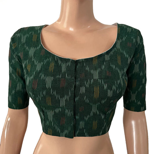 Ikat Cotton Round neck Blouse, Bottle Green, BI1173