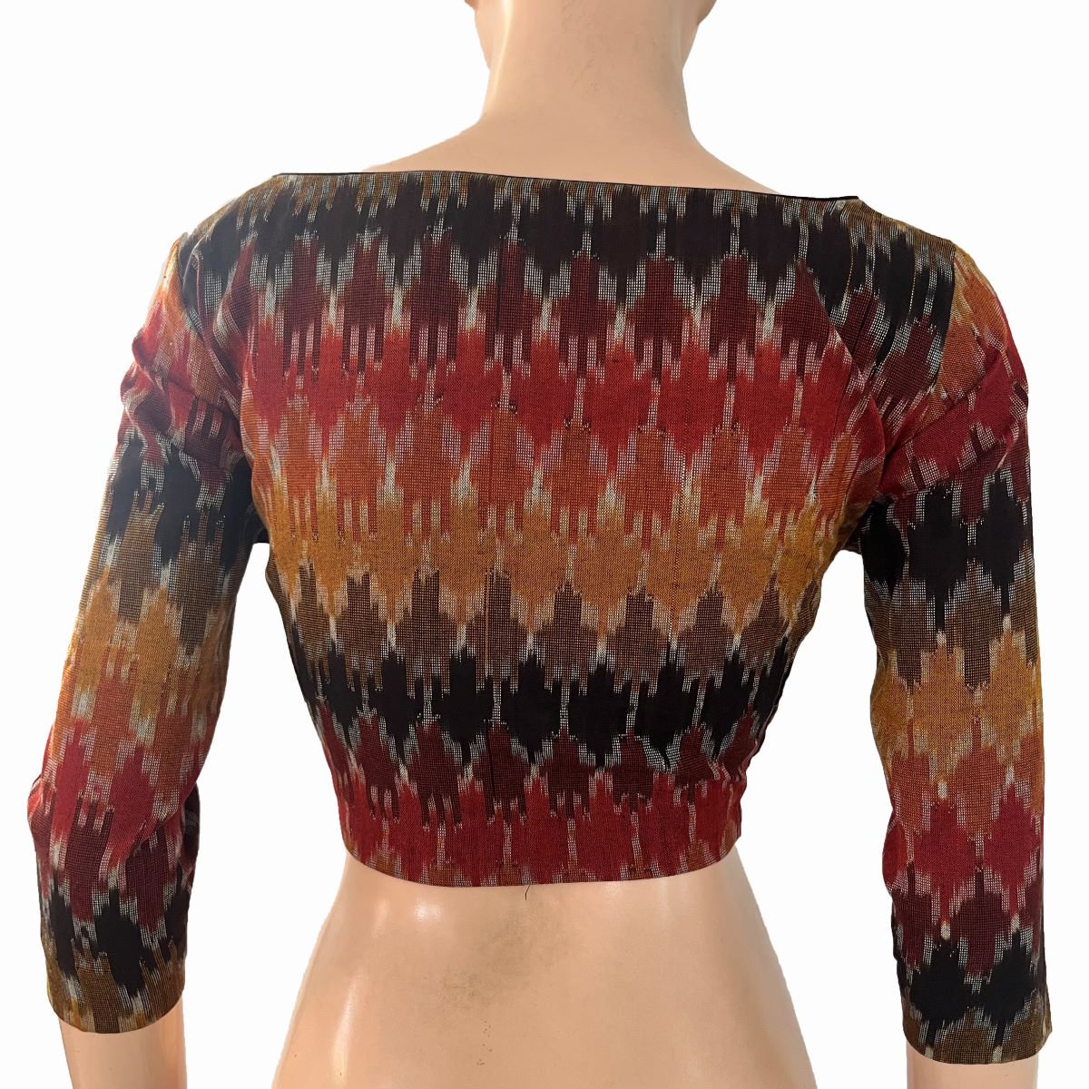Ikat Cotton Boat  Neck Blouse with 3/4 Sleeves , Multicolor , BI1180