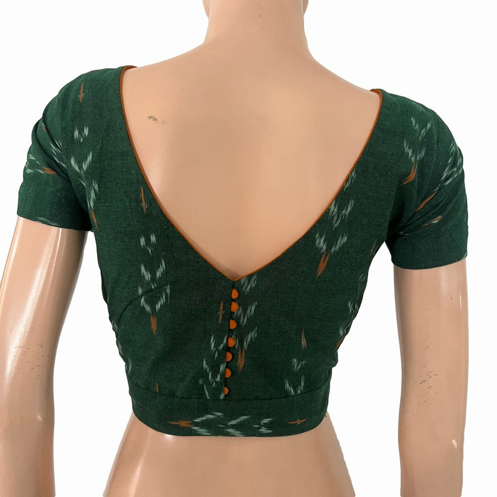 Ikat Cotton Boat Neck Blouse with V neck in Back, Short Sleeves & Potli Button Details , Bottle Green, BI1186