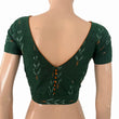 Ikat Cotton Boat Neck Blouse with V neck in Back, Short Sleeves & Potli Button Details , Bottle Green, BI1186