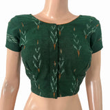 Ikat Cotton Boat Neck Blouse with V neck in Back, Short Sleeves & Potli Button Details , Bottle Green, BI1186