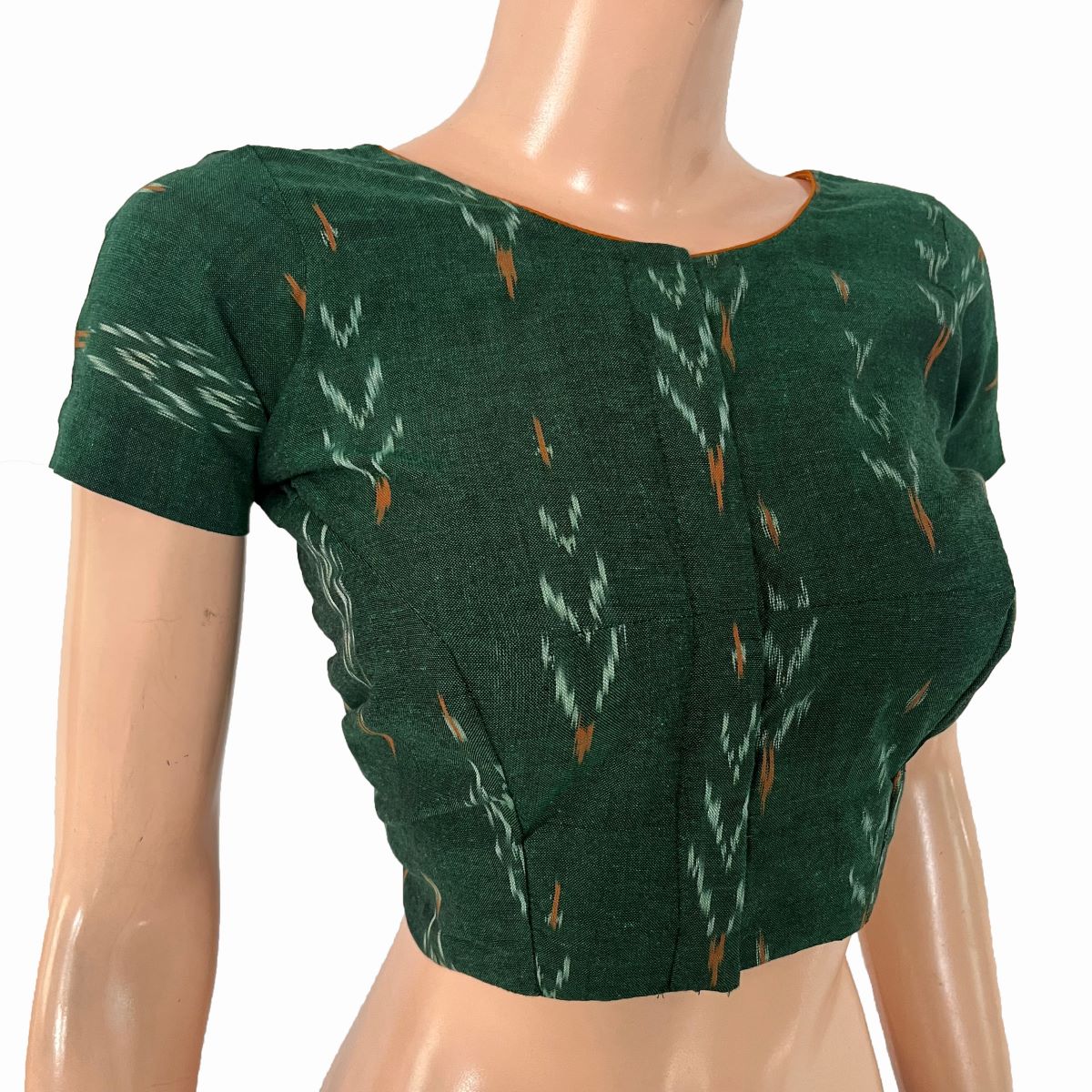 Ikat Cotton Boat Neck Blouse with V neck in Back, Short Sleeves & Potli Button Details , Bottle Green, BI1186