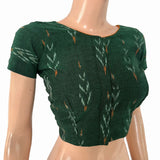 Ikat Cotton Boat Neck Blouse with V neck in Back, Short Sleeves & Potli Button Details , Bottle Green, BI1186