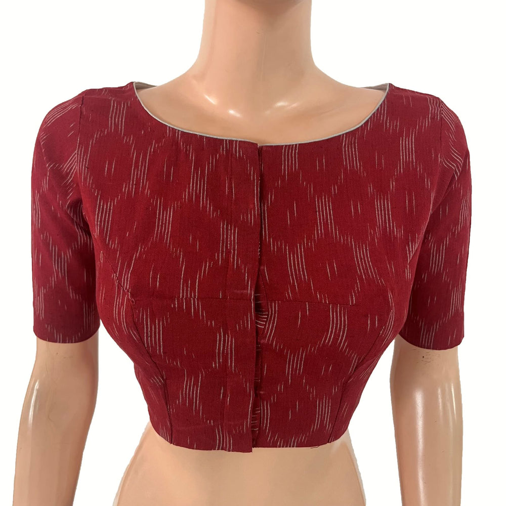 Ikat Cotton Boat Neck Blouse , Maroon , BI1188