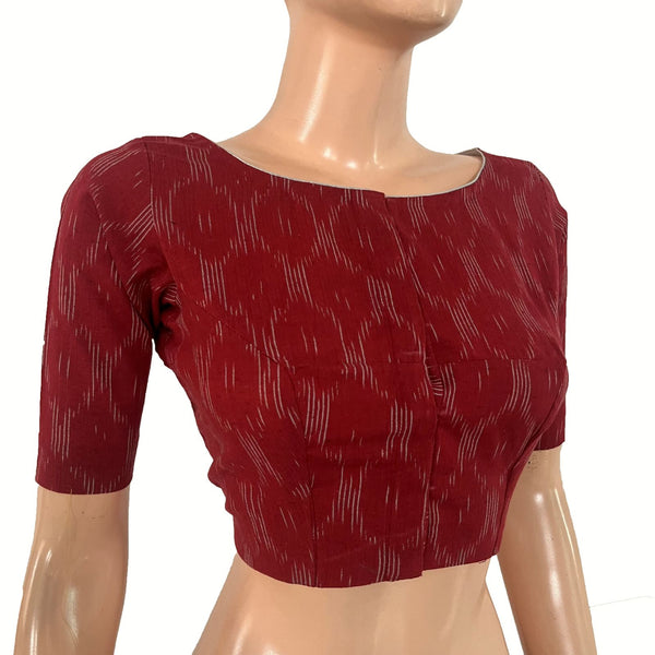 Ikat Cotton Boat Neck Blouse , Maroon , BI1188