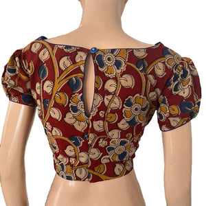 Kalamkari  Cotton  Boat neck  Blouse with Puff Sleeves, Backopen,  Multicolor,  BK1160