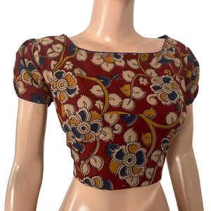 Kalamkari  Cotton  Boat neck  Blouse with Puff Sleeves, Backopen,  Multicolor,  BK1160