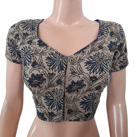 Kalamkari  Mul Cotton  Sweetheart neck  Blouse with Short Sleeves & Lining,  Beige - blue,  BK1216