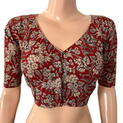 Kalamkari  Cotton  V neck Blouse,  Red,  BK1270