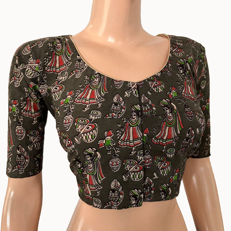 Kalamkari  Cotton  Round neck Blouse,  Green,  BK1276