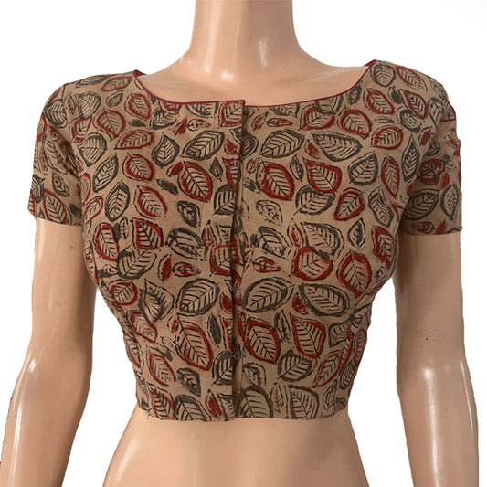 Kalamkari Cotton Boat neck Blouse with Short Sleeves, Beige,  BK1282