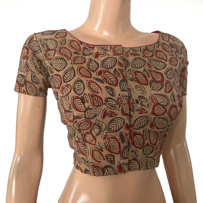 Kalamkari Cotton Boat neck Blouse with Short Sleeves, Beige,  BK1282