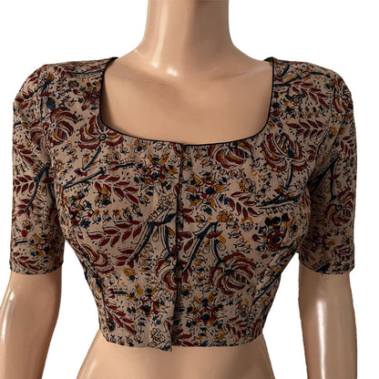 Kalamkari  Cotton  Square - U  neck  Blouse,  Beige - Maroon,  BK1284