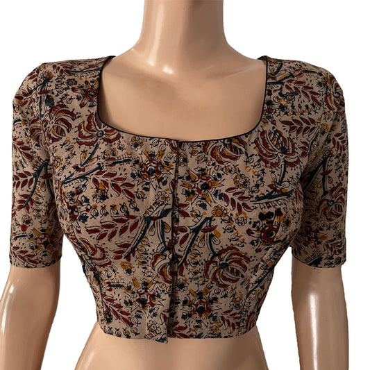Kalamkari  Cotton  Square - U  neck  Blouse,  Beige - Maroon,  BK1284
