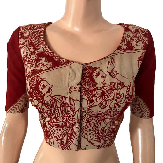 Kalamkari  Mul Cotton  Round neck Blouse with Lining,   Beige - Maroon,  BK1286