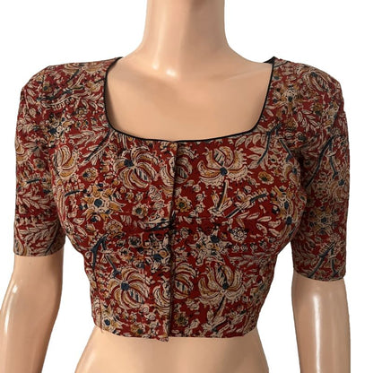 Kalamkari Cotton Square U neck  Blouse , Maroon,  BK1292
