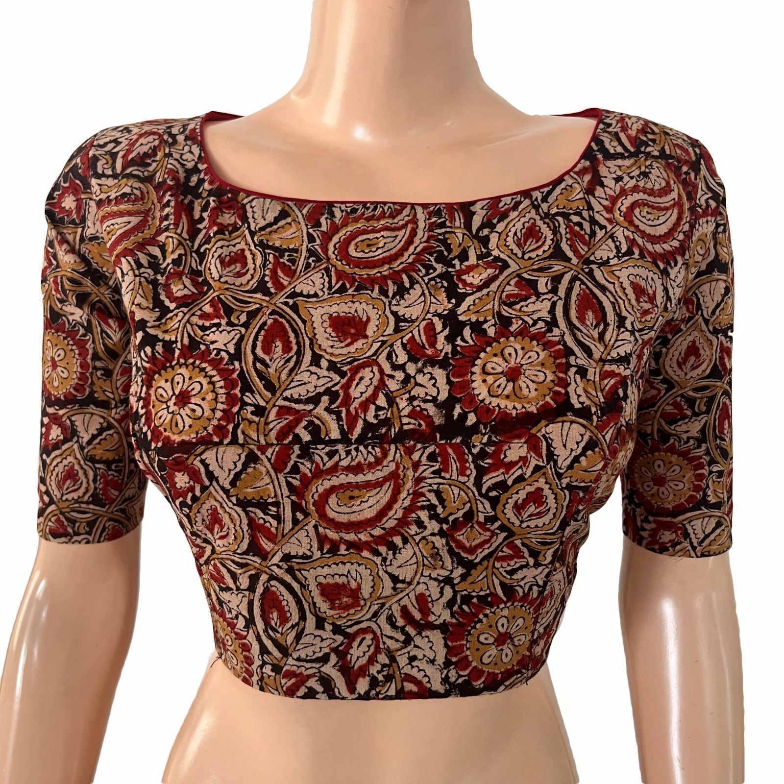 Kalamkari Cotton Boat Neck Blouse with Backopen , Black - Maroon , BK1307