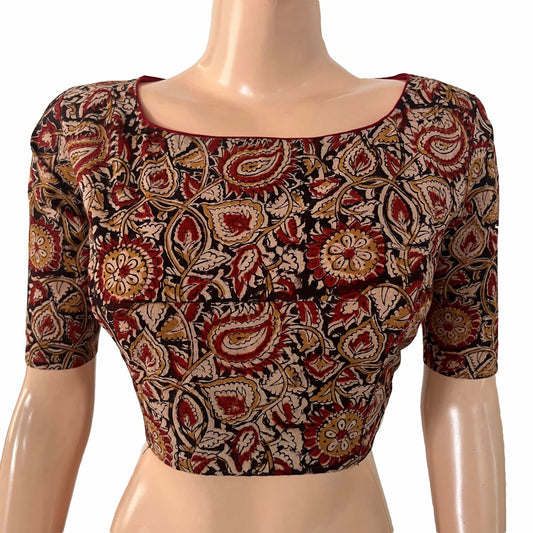 Kalamkari Cotton Boat Neck Blouse with Backopen , Black - Maroon , BK1307