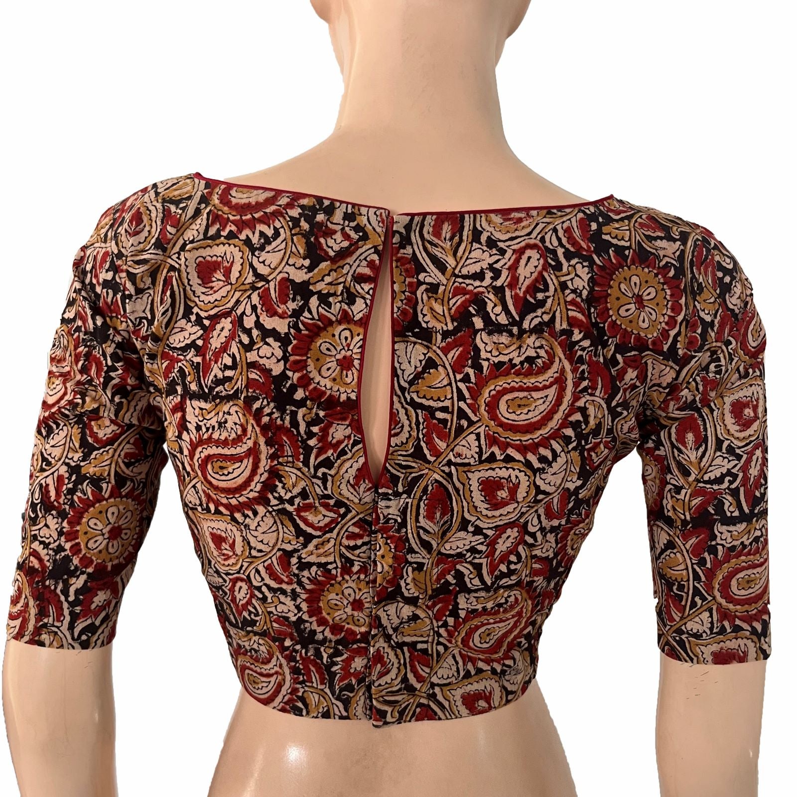 Kalamkari Cotton Boat Neck Blouse with Backopen , Black - Maroon , BK1307