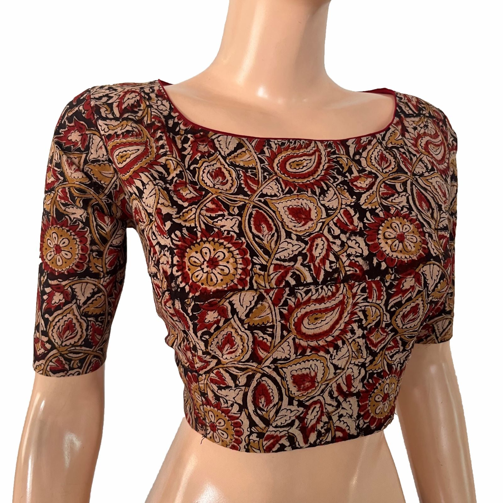 Kalamkari Cotton Boat Neck Blouse with Backopen , Black - Maroon , BK1307