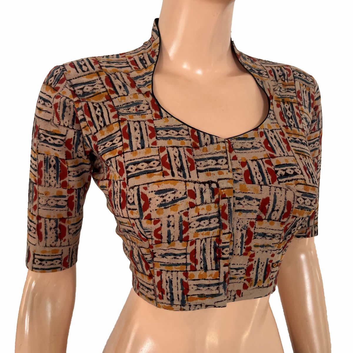 Kalamkari Cotton High Neck Blouse ,Beige - Maroon , BK1309