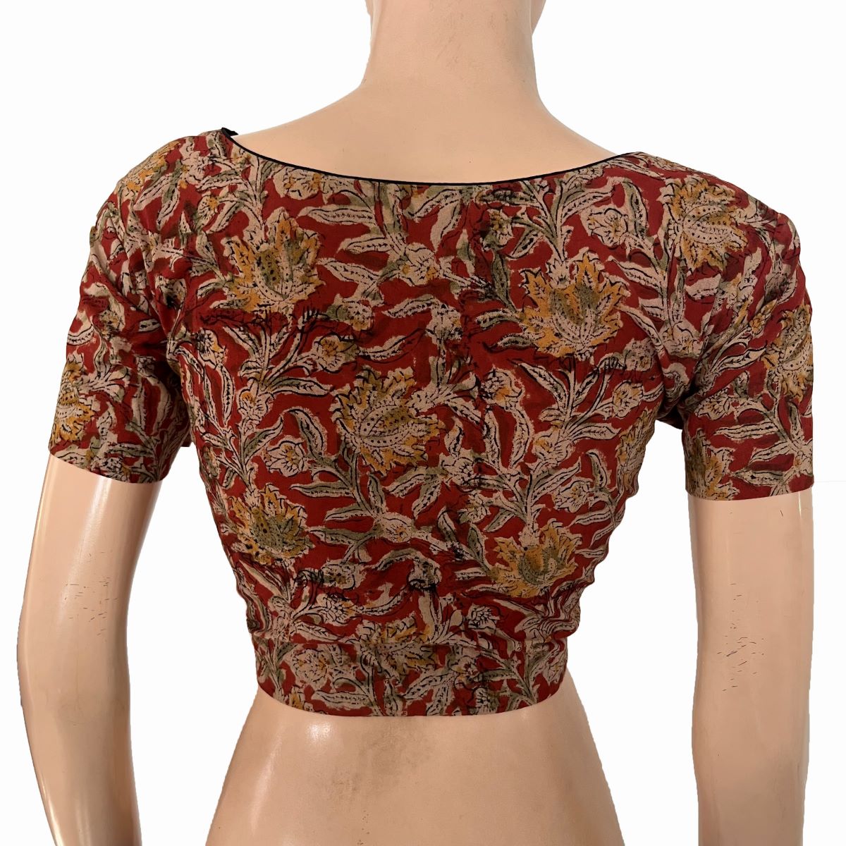 Kalamkari Cotton V Neck Blouse with Short Sleeves ,Beige - Maroon , BK1310