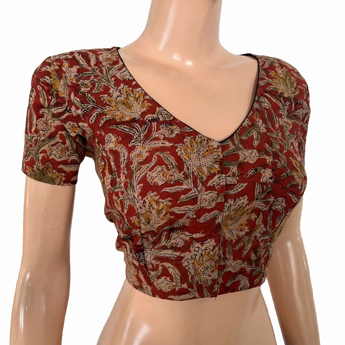 Kalamkari Cotton V Neck Blouse with Short Sleeves ,Beige - Maroon , BK1310