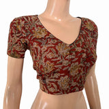 Kalamkari Cotton V Neck Blouse with Short Sleeves ,Beige - Maroon , BK1310