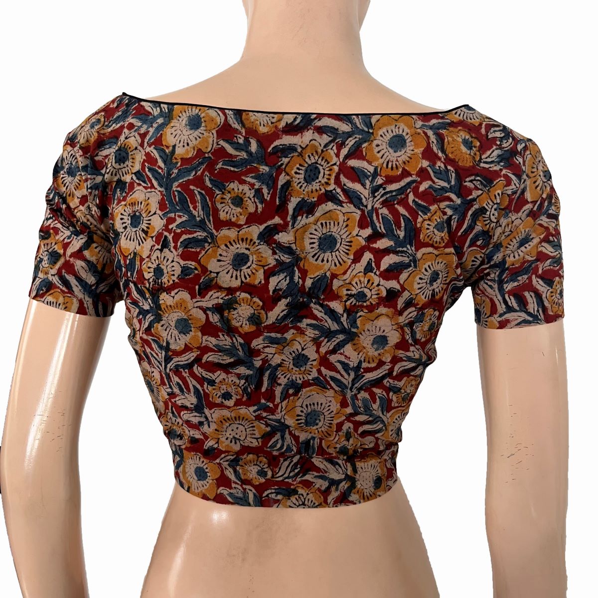 Kalamkari Cotton Boat Neck Blouse with Short Sleeves ,Multicolor, BK1311