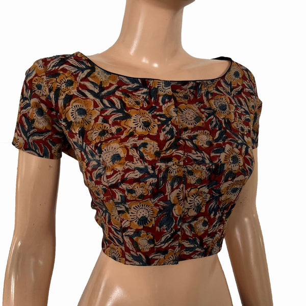Kalamkari Cotton Boat Neck Blouse with Short Sleeves ,Multicolor, BK1311