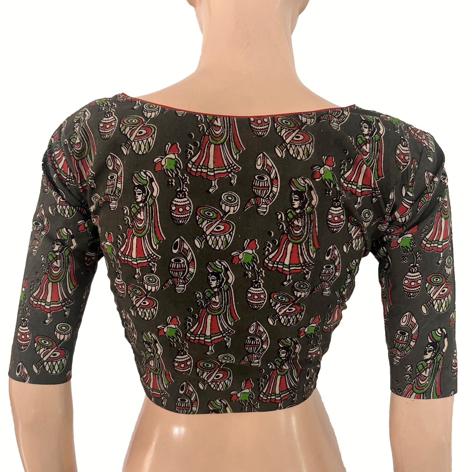 Kalamkari Cotton Pot Neck Blouse ,Olive Green, BK1316