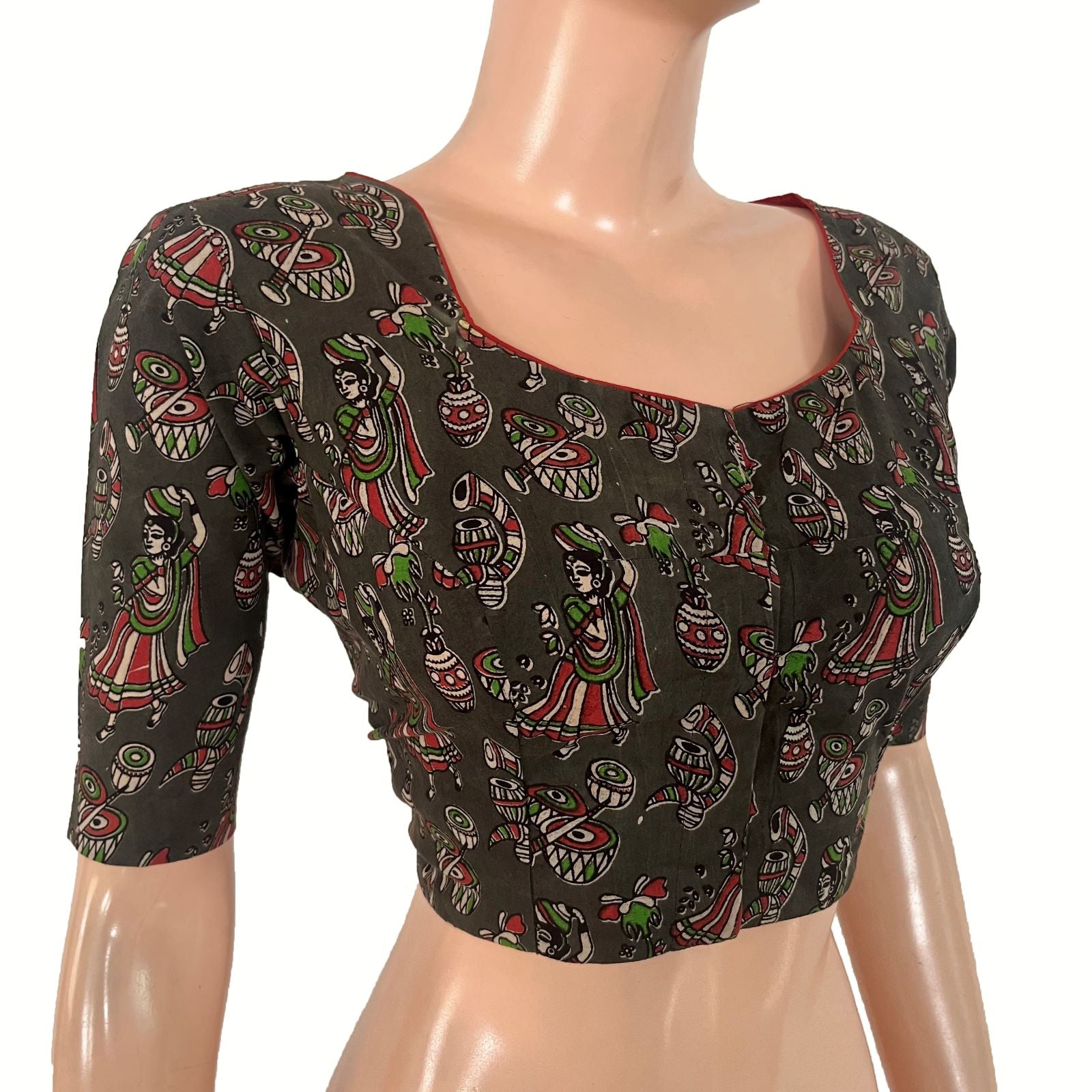 Kalamkari Cotton Pot Neck Blouse ,Olive Green, BK1316