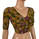Kalamkari Cotton V Neck Blouse ,Yellow, BK1314