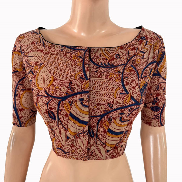 Kalamkari Cotton Boat Neck Blouse ,Multicolor, BK1317