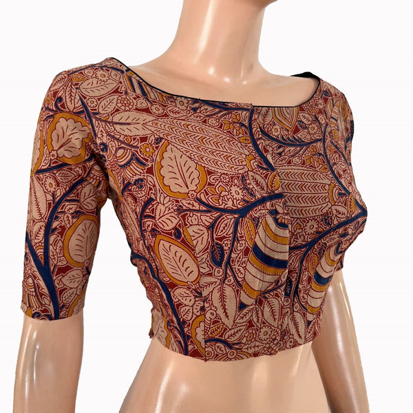 Kalamkari Cotton Boat Neck Blouse ,Multicolor, BK1317