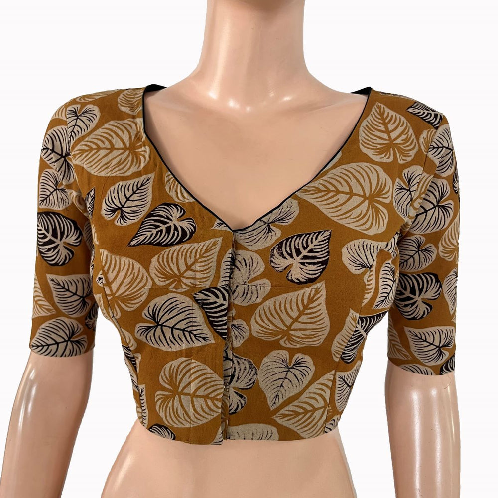 Kalamkari Cotton V Neck Blouse ,Mustard, BK1318.