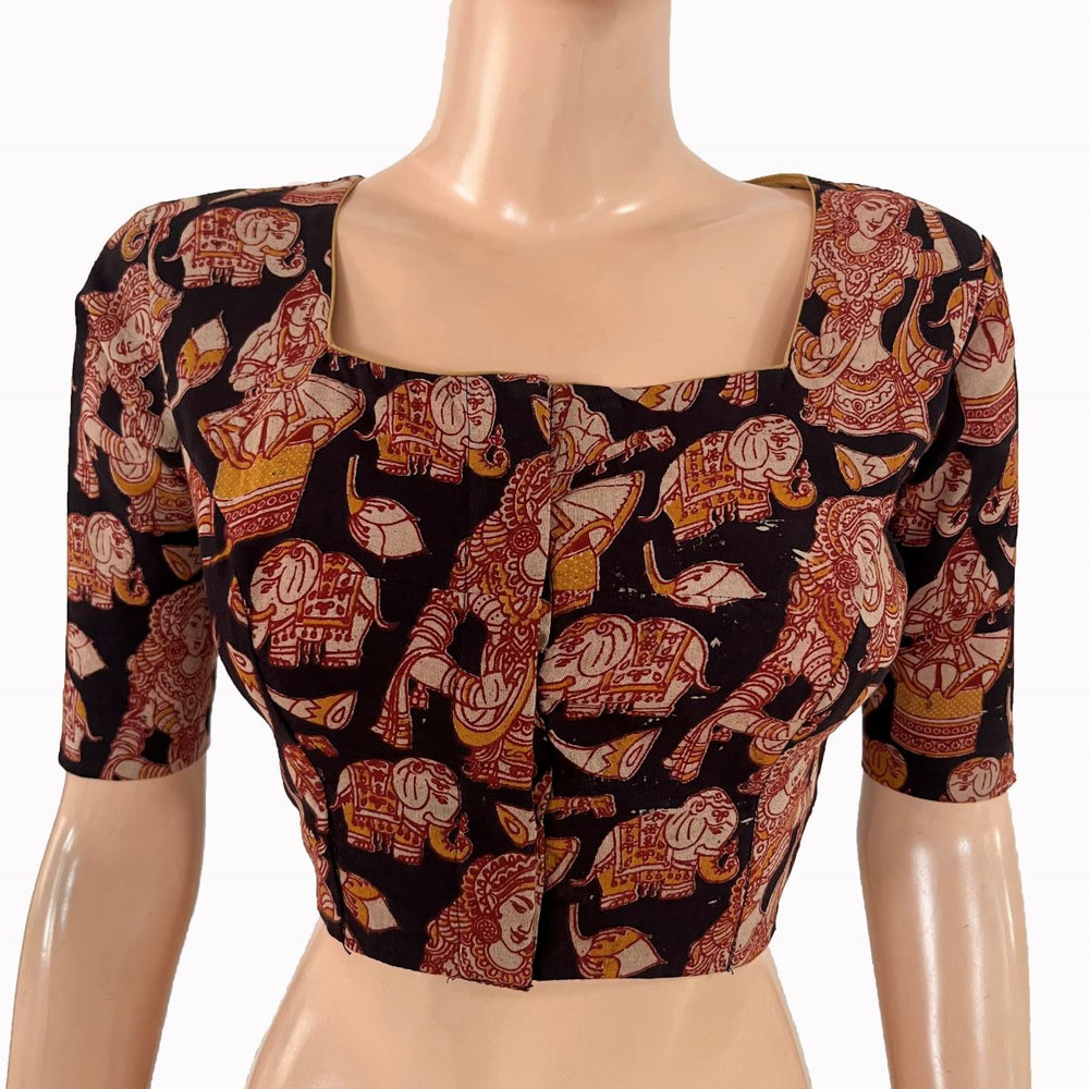 Kalamkari Cotton Square Neck Blouse ,Black, BK1319.