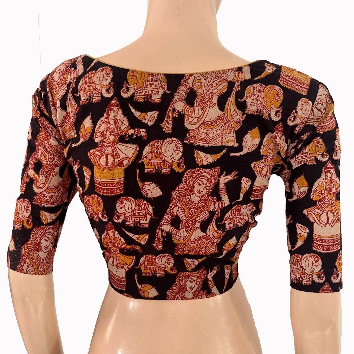 Kalamkari Cotton Square Neck Blouse ,Black, BK1319.