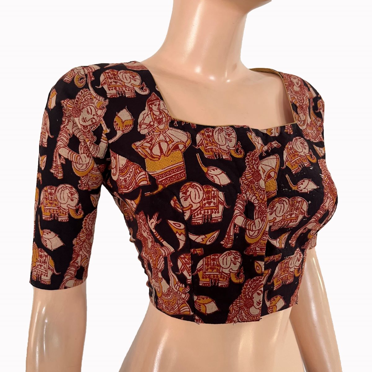 Kalamkari Cotton Square Neck Blouse ,Black, BK1319.