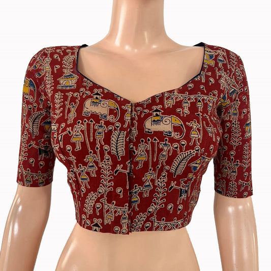 Kalamkari Cotton Sweetheart Neck Blouse ,Red, BK1321.